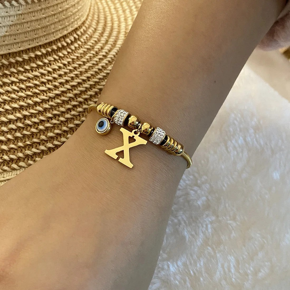 Gold Initial Evil Eye Beaded Pendant