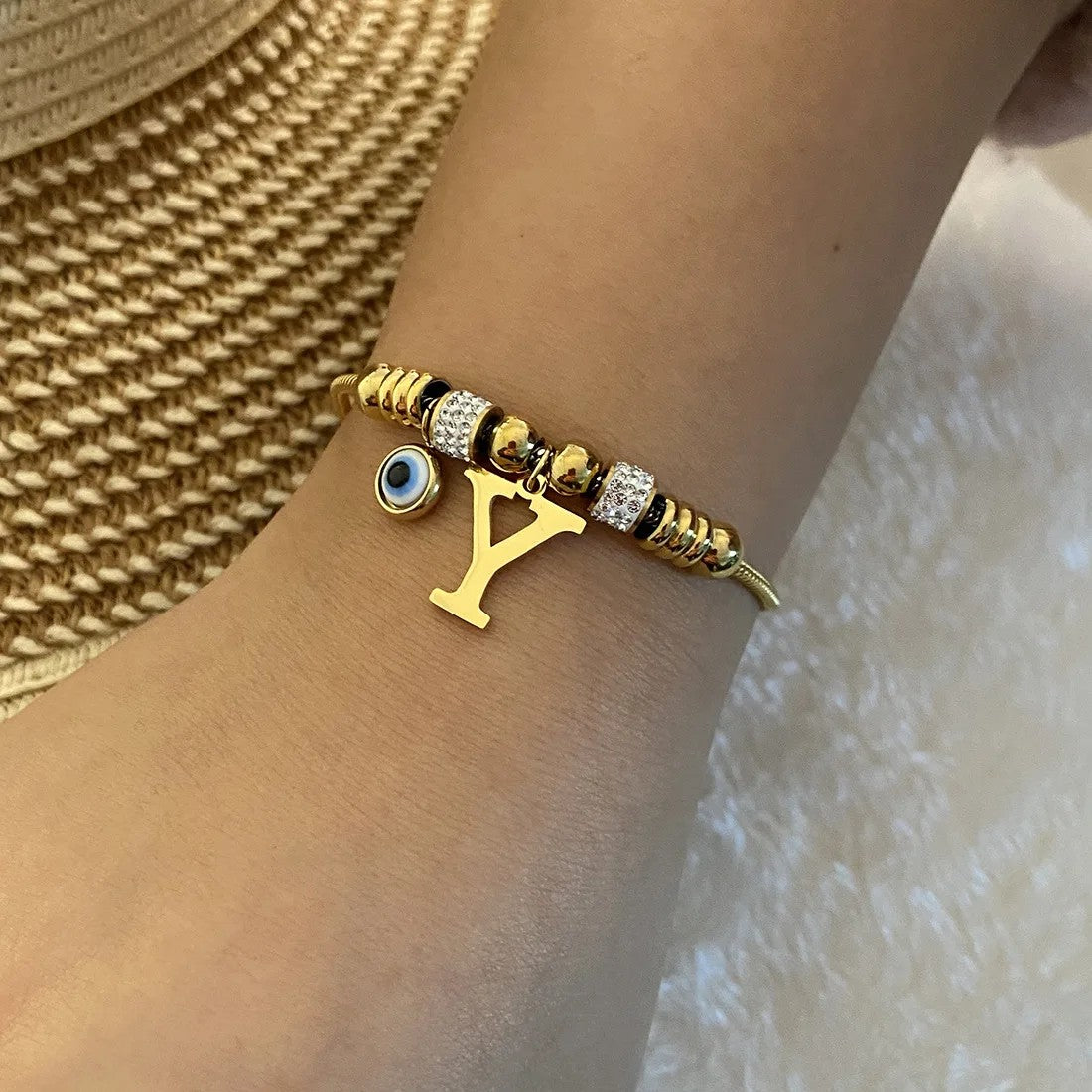 Gold Initial Evil Eye Beaded Pendant