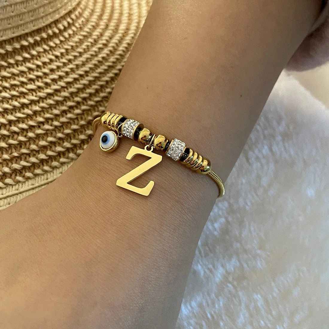 Gold Initial Evil Eye Beaded Pendant