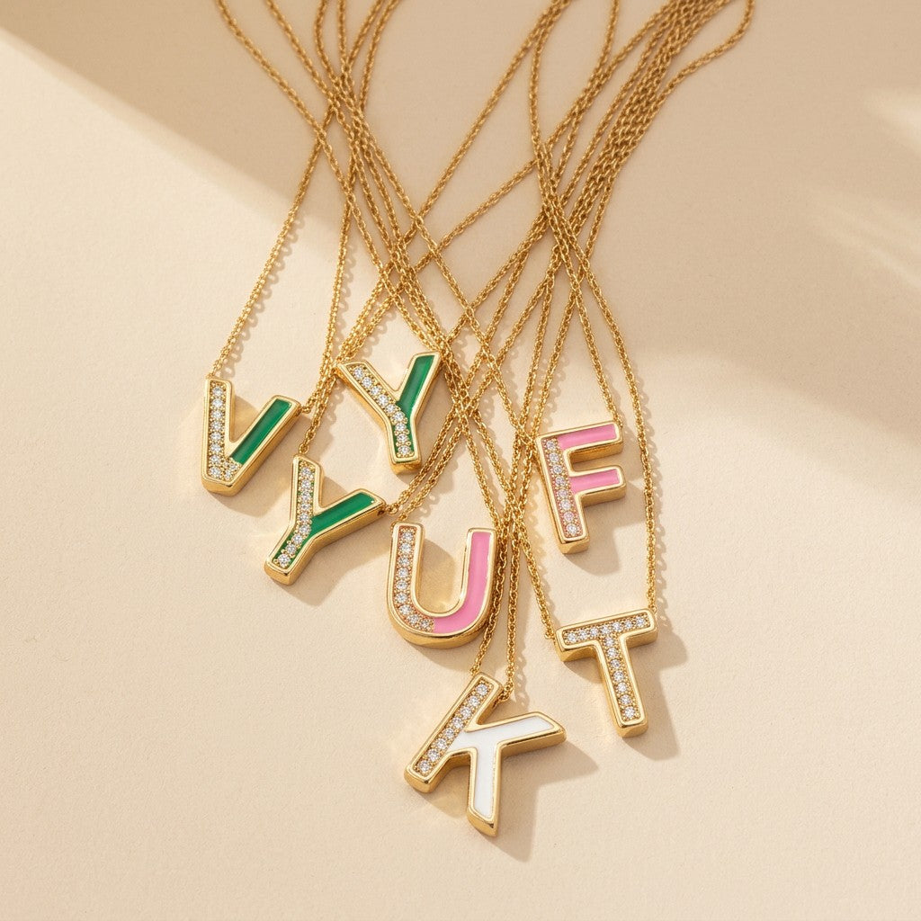 Enamel Crystal Initial Necklace