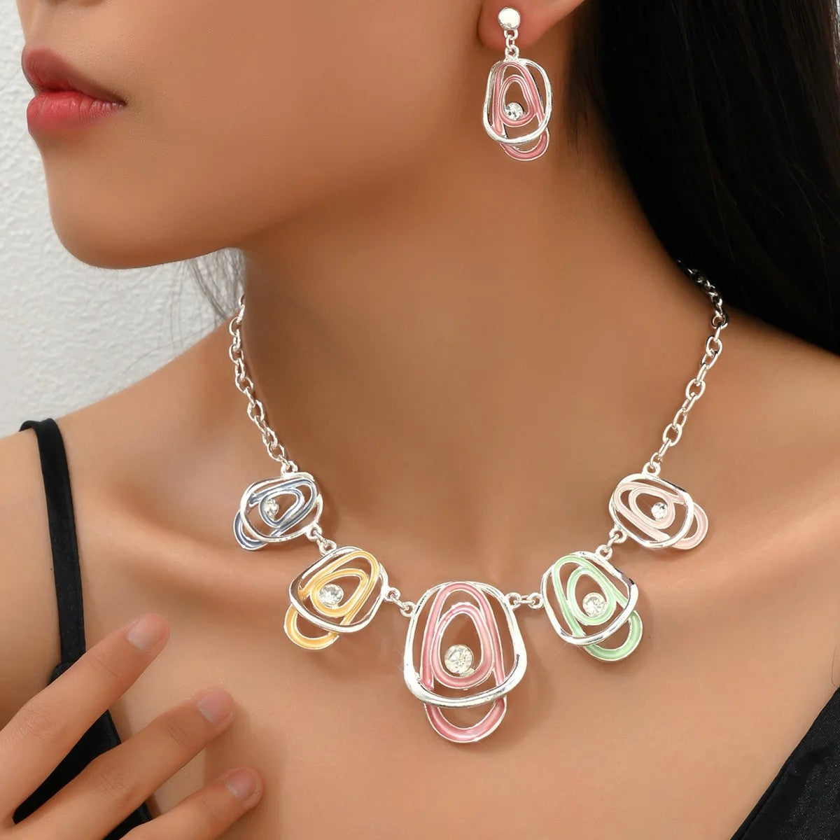 Colorful Oval Loop Necklace & Earring Set