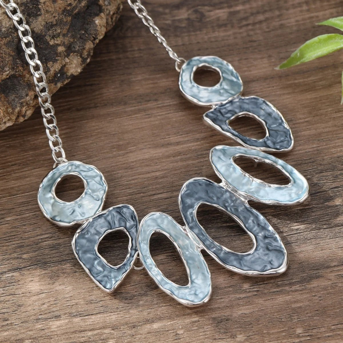 Blue Marbled Geometric Statement Necklace