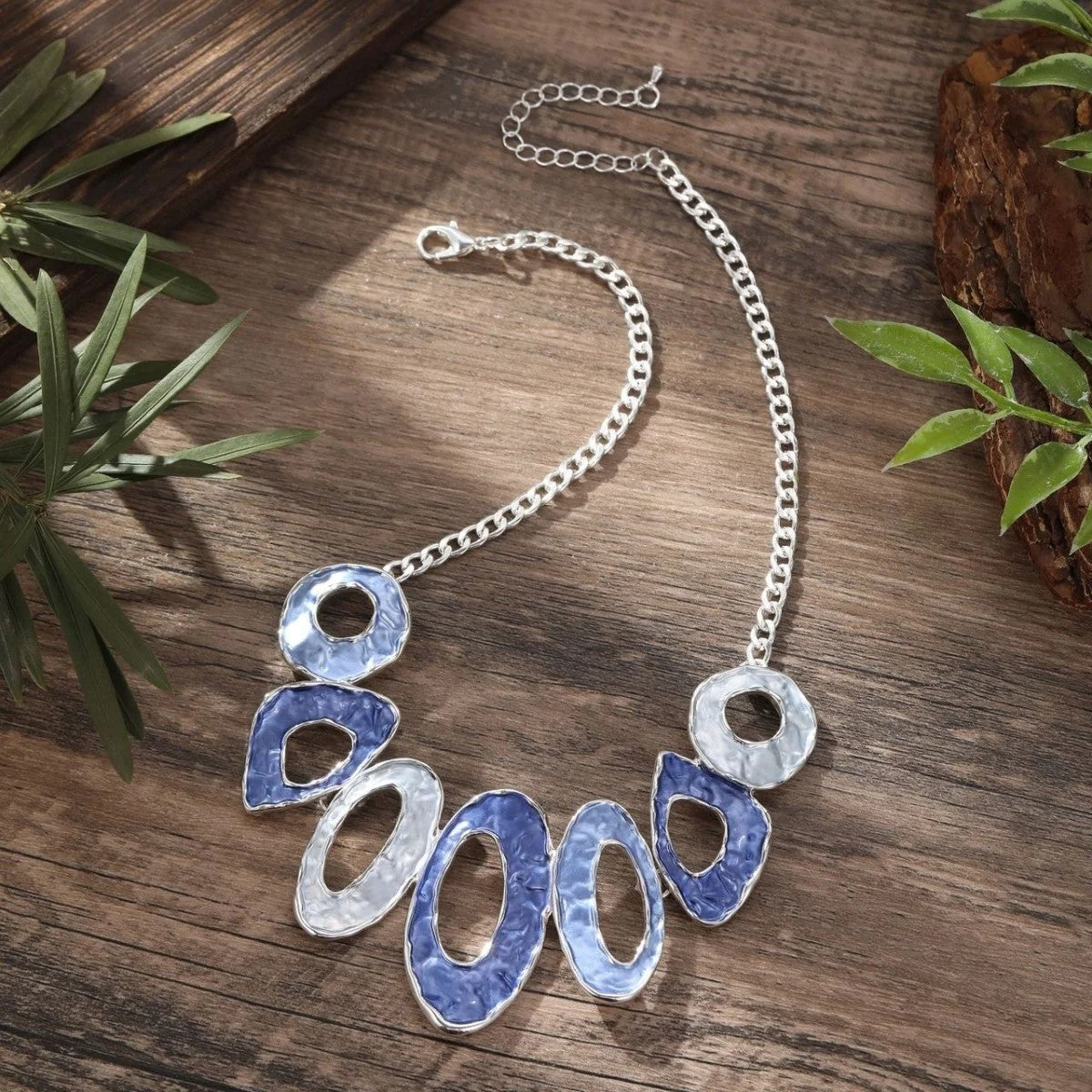 Blue Marbled Geometric Statement Necklace
