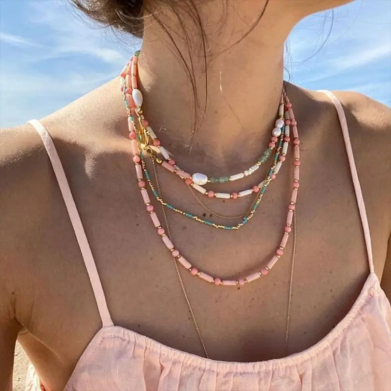 Multi-Strand Coral & Jade Beaded Necklace