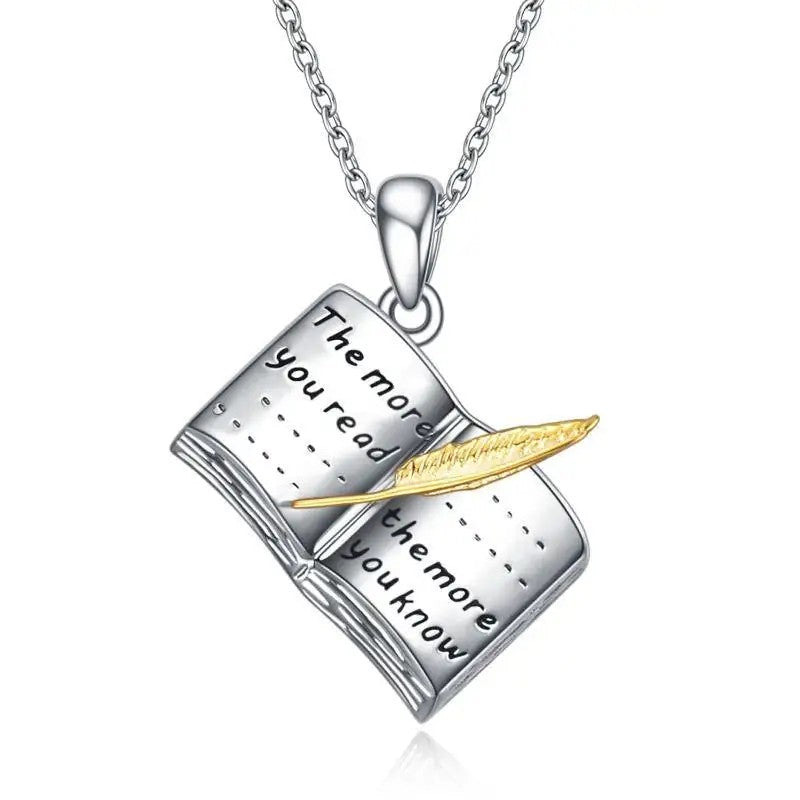 Book & Feather Pendant Necklace