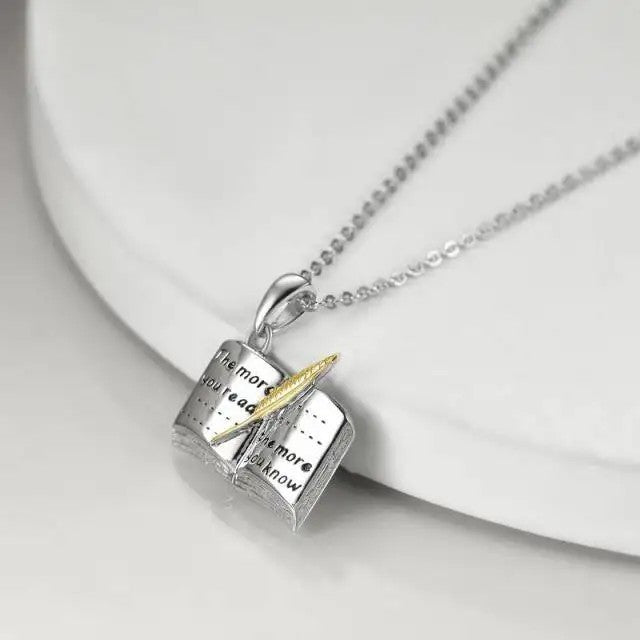 Book & Feather Pendant Necklace