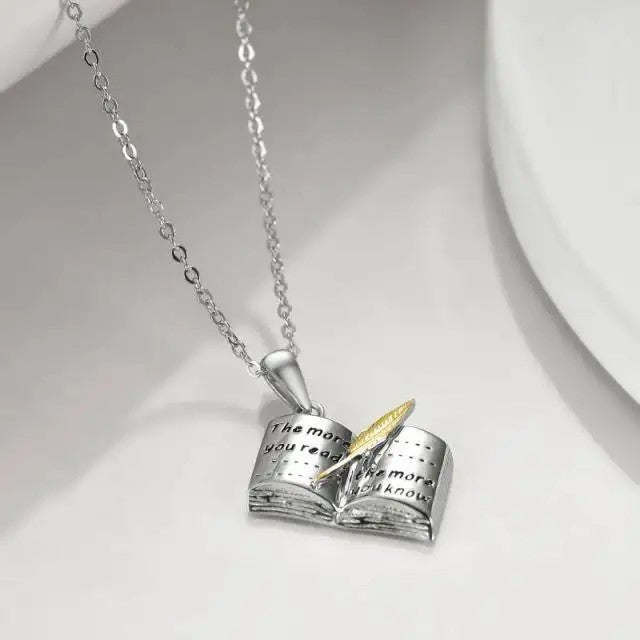 Book & Feather Pendant Necklace