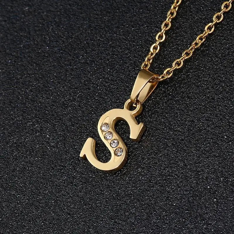 Gold Crystal Initial Letter Necklace