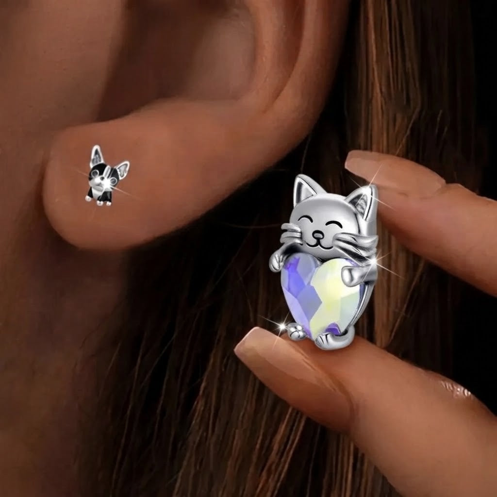 Smiling Cat Crystal Heart Stud Earrings