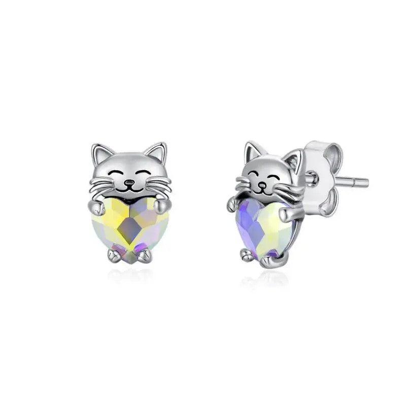 Smiling Cat Crystal Heart Stud Earrings