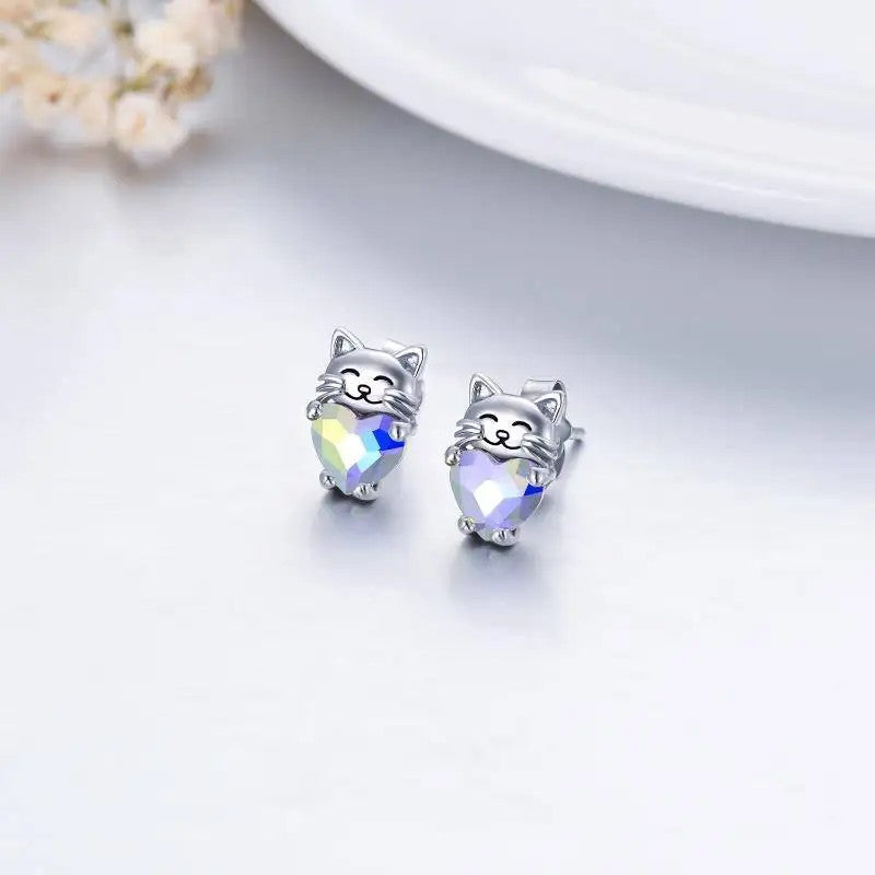 Smiling Cat Crystal Heart Stud Earrings