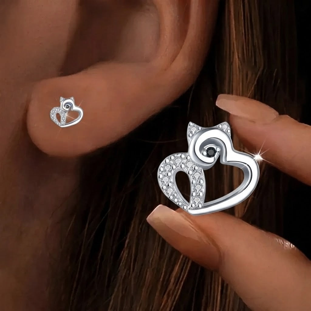 Cat Heart Zircon Stud Earrings