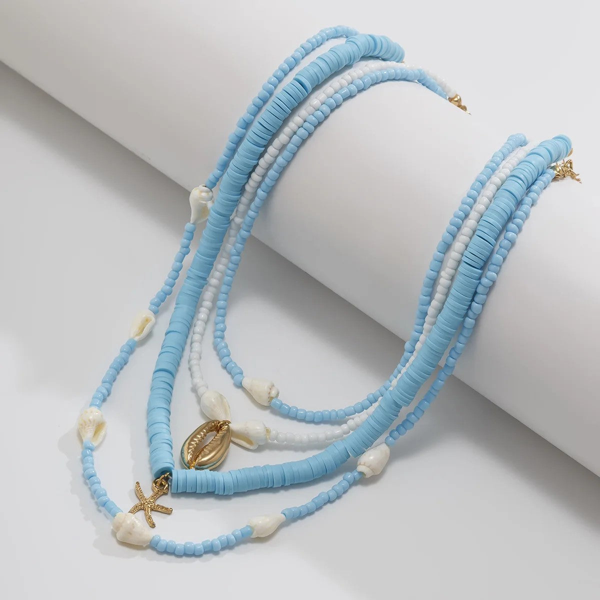 Blue Bead & Conch Shell Layered Necklace