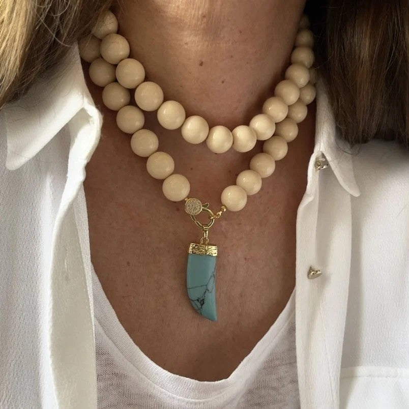 Cream Bead Turquoise Horn Necklace