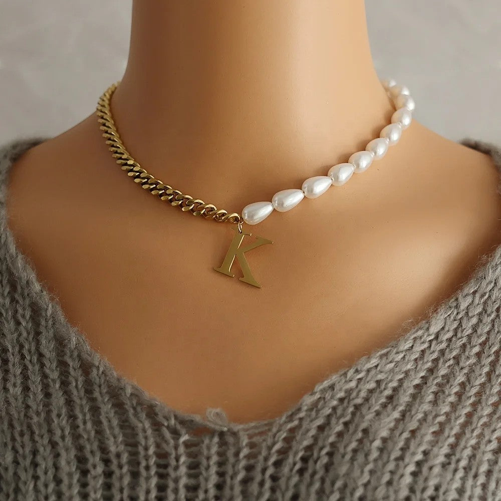 Half Pearl Half Chain Initial Necklace