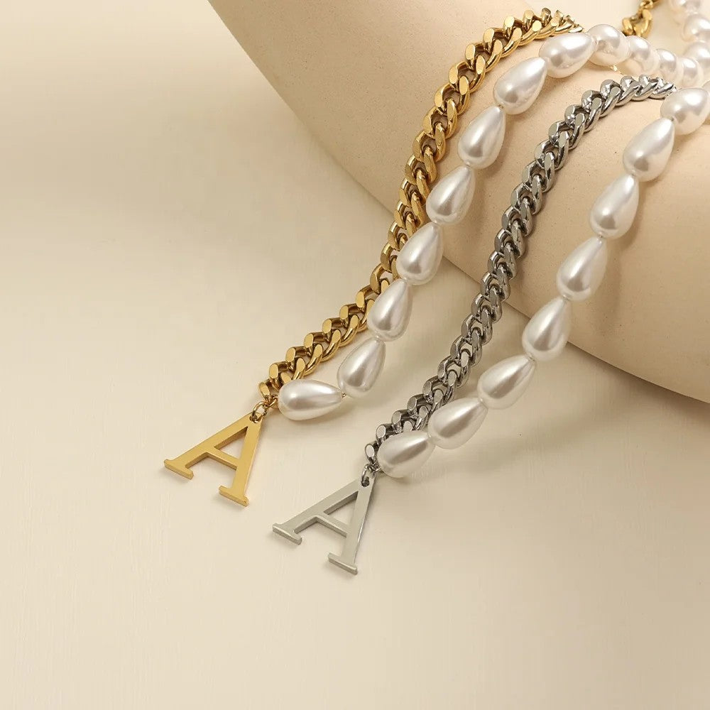 Half Pearl Half Chain Initial Necklace