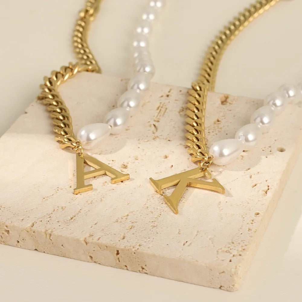 Half Pearl Half Chain Initial Necklace