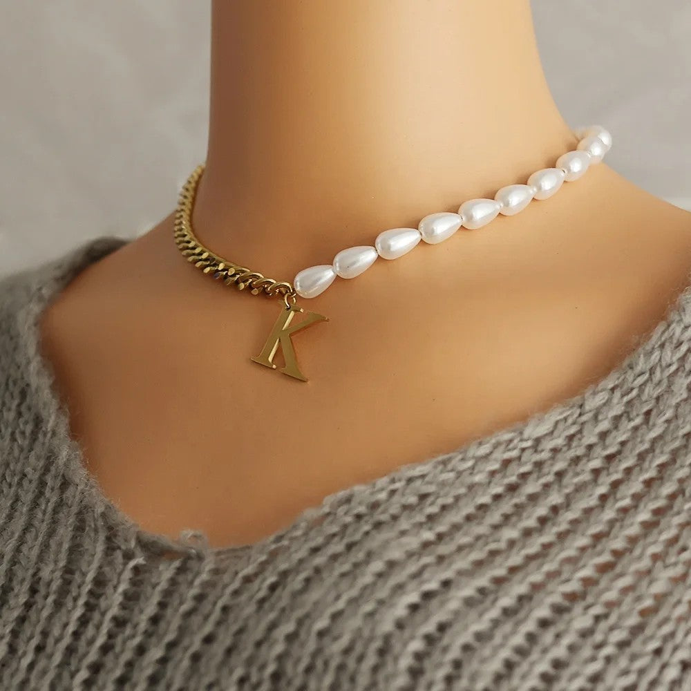 Half Pearl Half Chain Initial Necklace