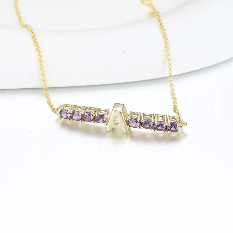 Purple Crystal Initial Bar Necklace