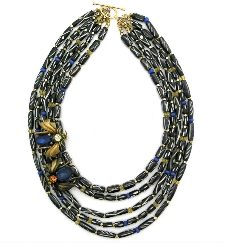 Black Bead Floral Statement Necklace