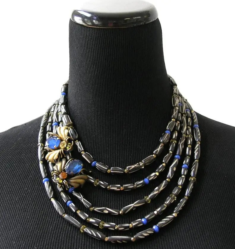 Black Bead Floral Statement Necklace