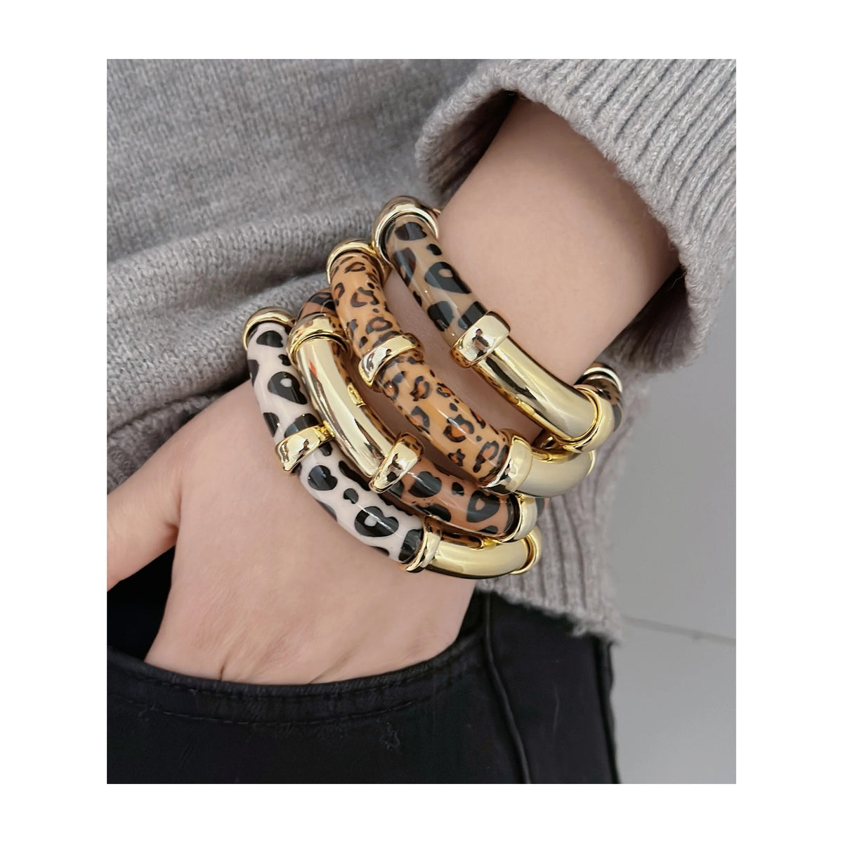 Leopard Print Bamboo Bangle Set