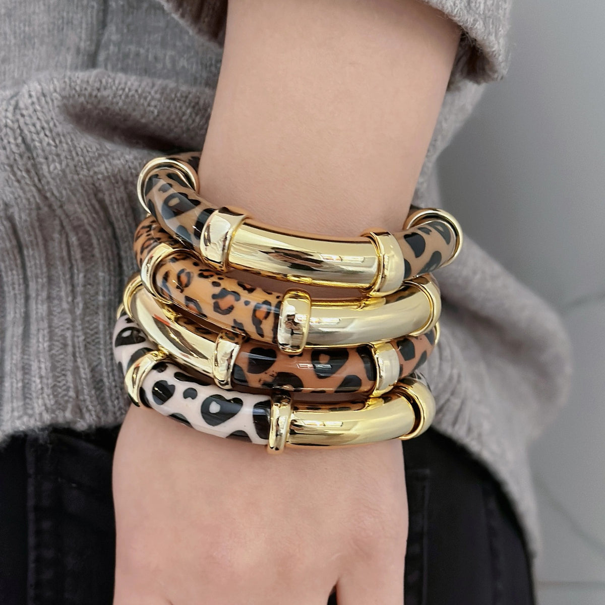 Leopard Print Bamboo Bangle Set