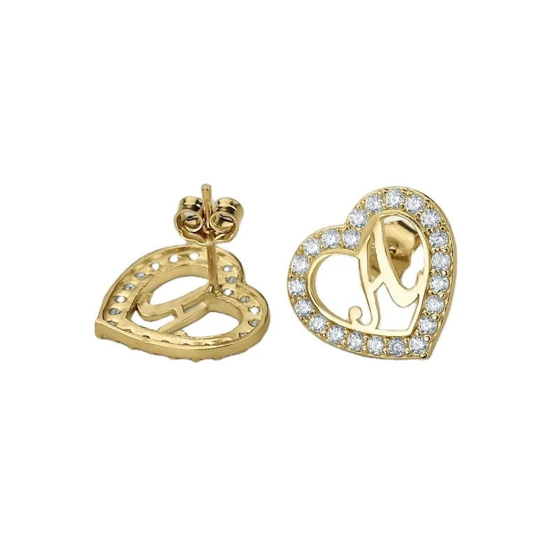 Cursive Initial Heart Stud Earrings