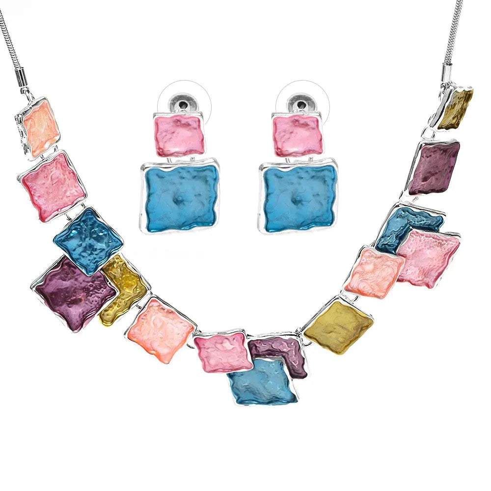 Colorful Enamel Statement Necklace & Earring Set