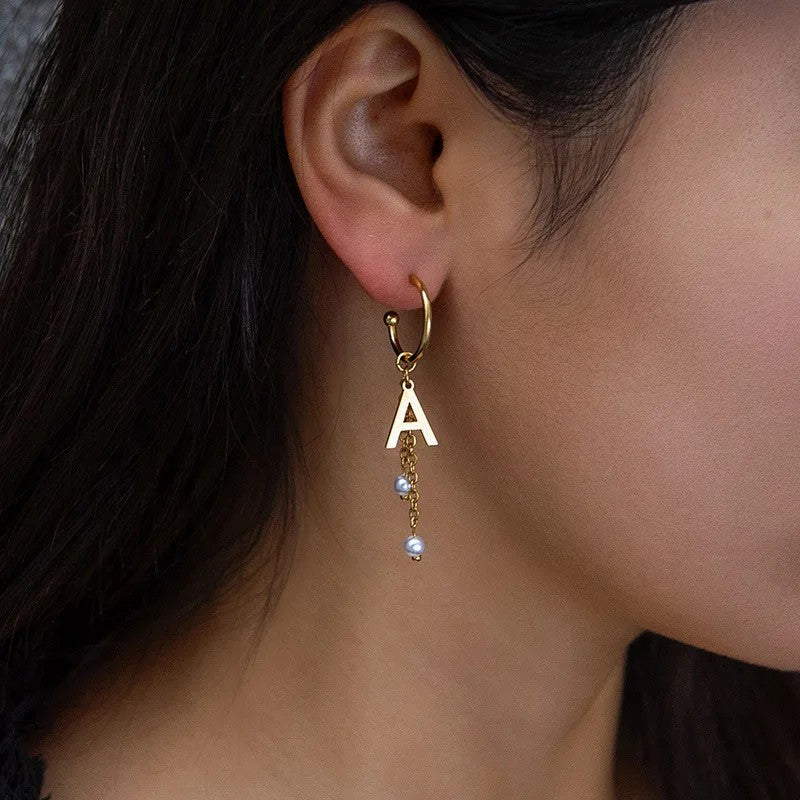 Initial Pearl Chain Drop Earrings