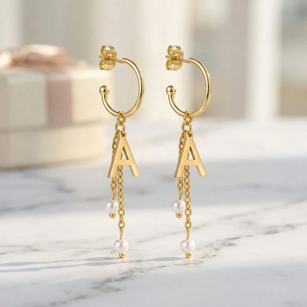 Initial Pearl Chain Drop Earrings