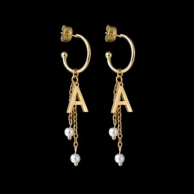 Initial Pearl Chain Drop Earrings