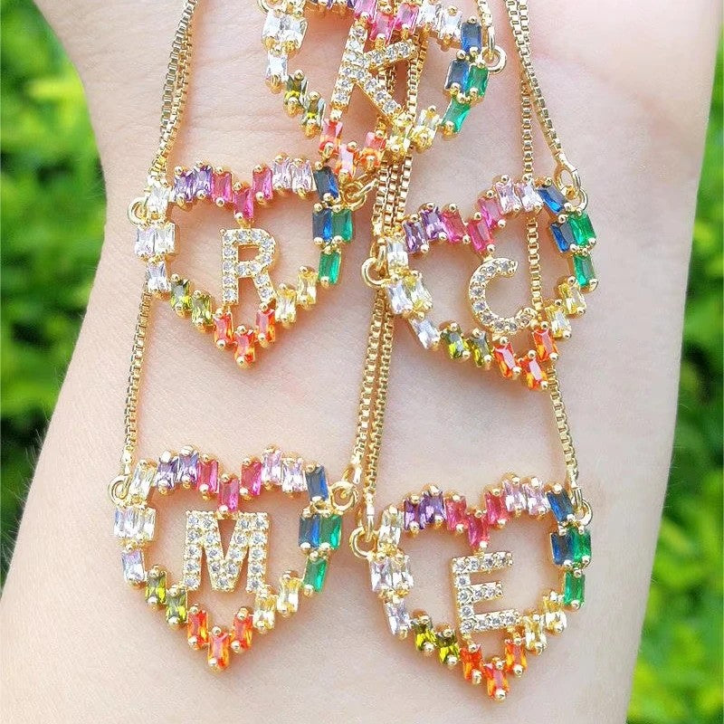 Rainbow Zircon Heart Initial Necklace