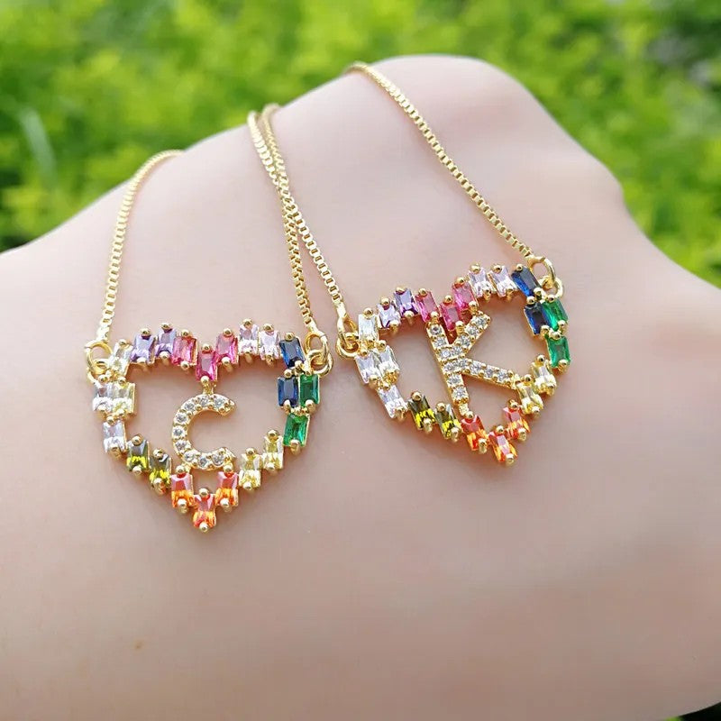 Rainbow Zircon Heart Initial Necklace