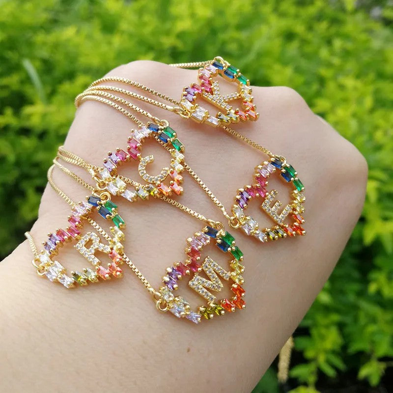 Rainbow Zircon Heart Initial Necklace