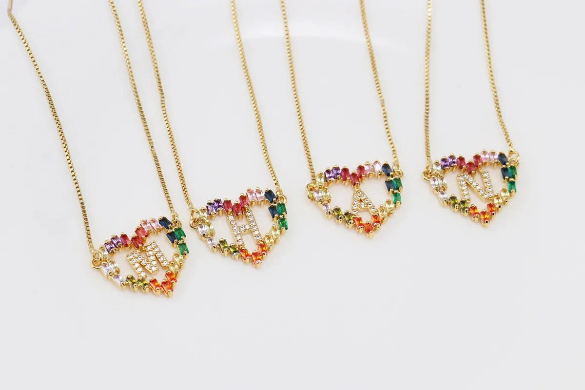 Rainbow Zircon Heart Initial Necklace