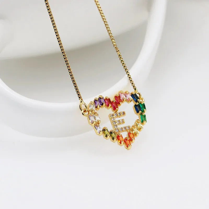 Rainbow Zircon Heart Initial Necklace