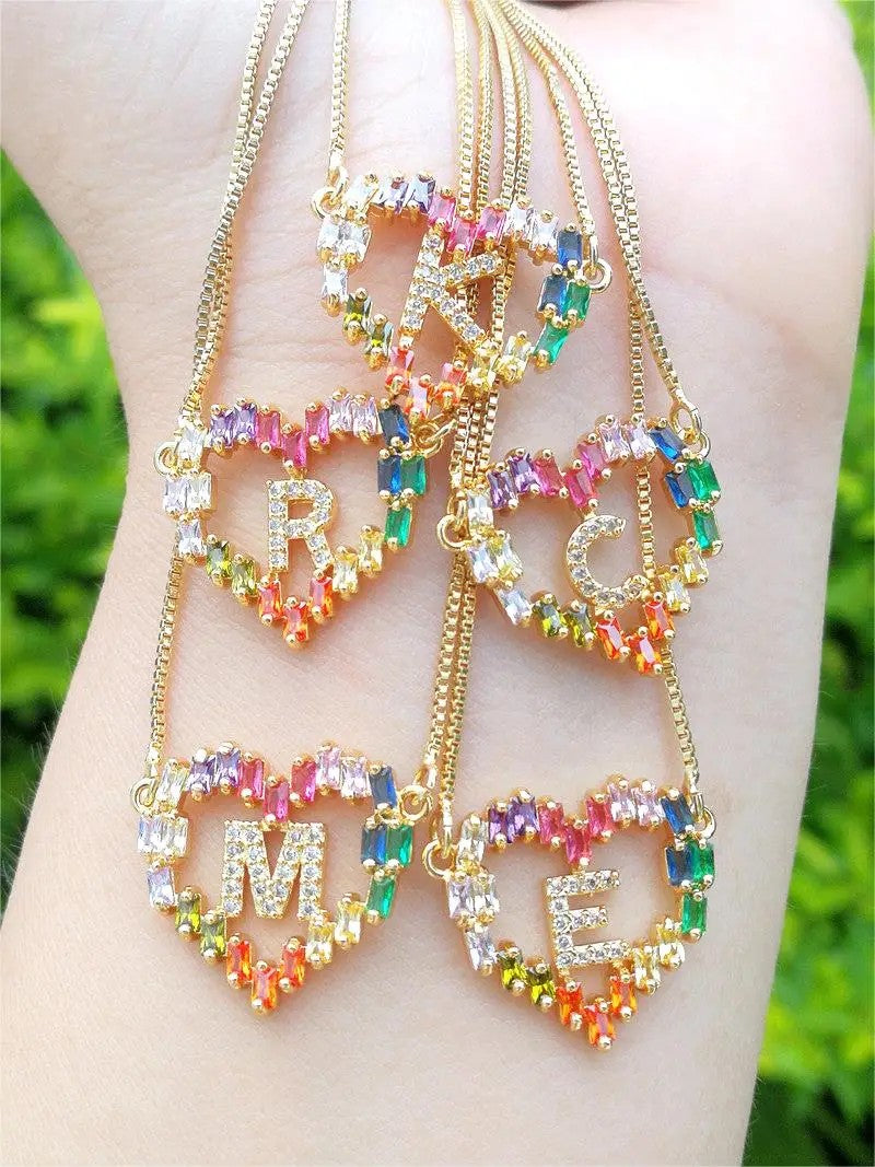Rainbow Zircon Heart Initial Necklace