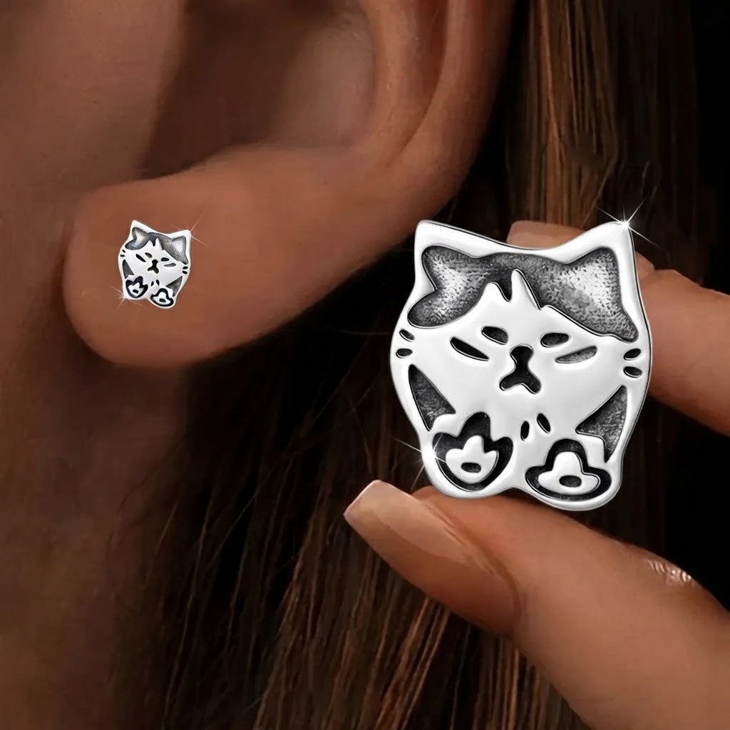 Oxidized Cat Face Stud Earrings