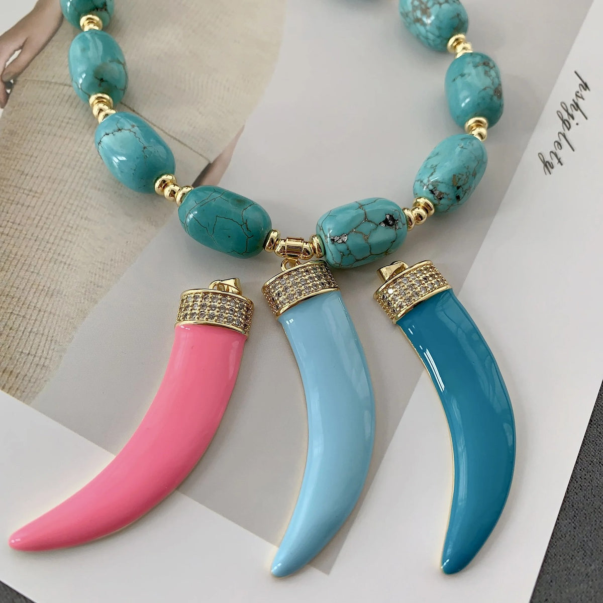 Turquoise Bead Triple Horn Necklace
