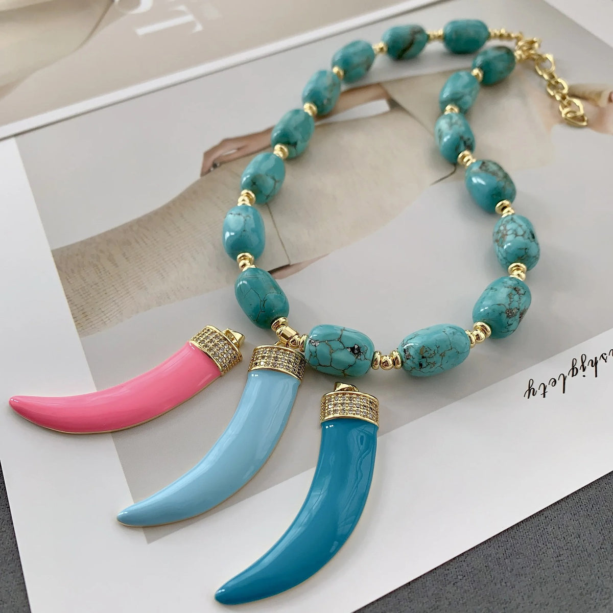 Turquoise Bead Triple Horn Necklace