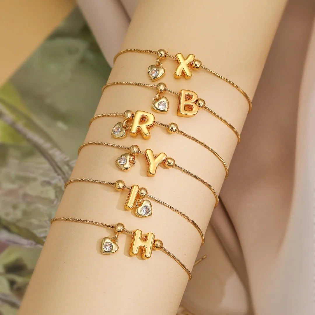 Zircon Heart Initial Box Chain Bracelet