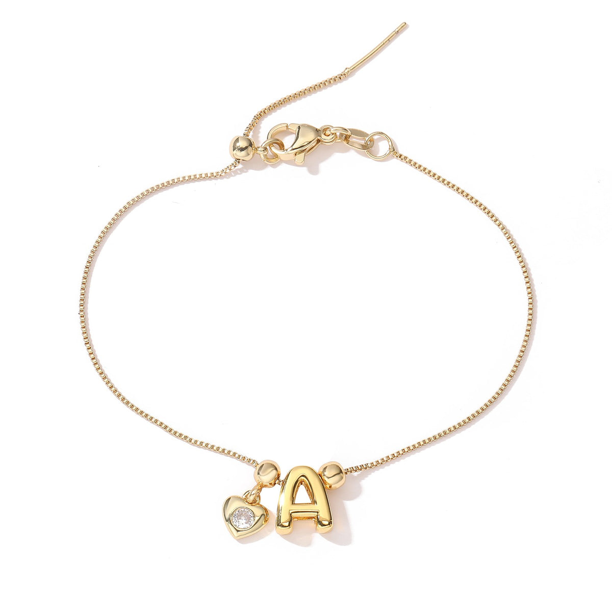 Zircon Heart Initial Box Chain Bracelet