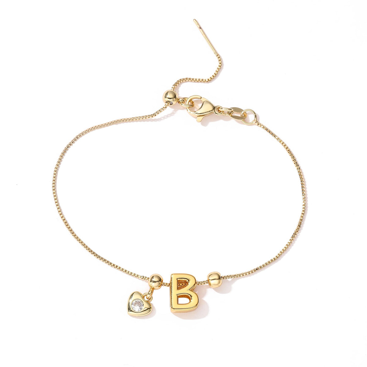 Zircon Heart Initial Box Chain Bracelet