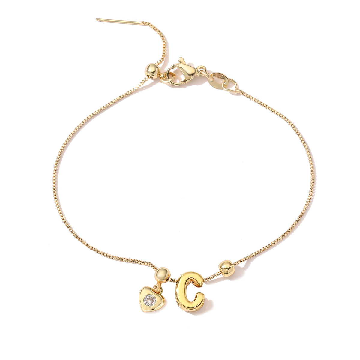 Zircon Heart Initial Box Chain Bracelet