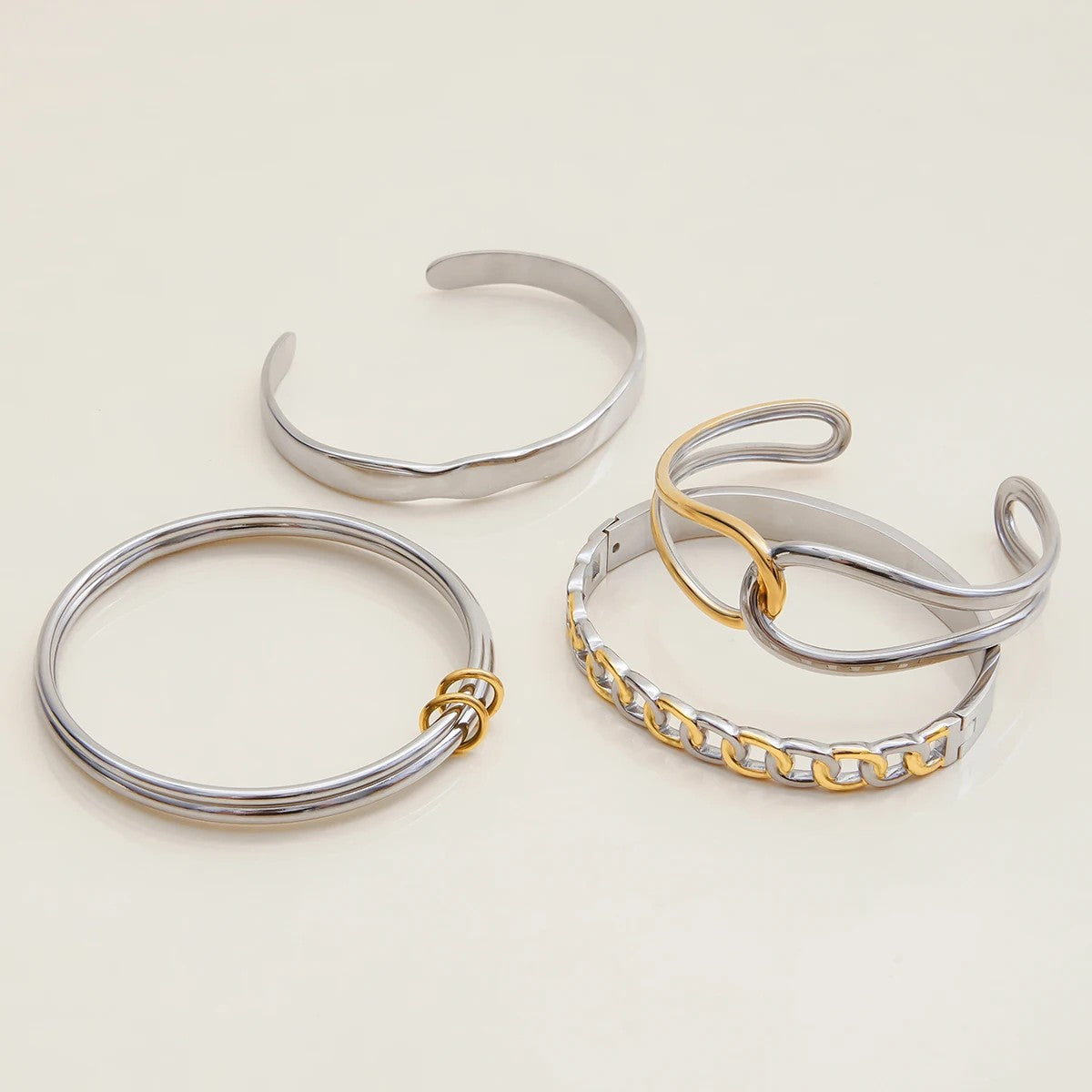 Two-Tone Link & Wave Bangle Set