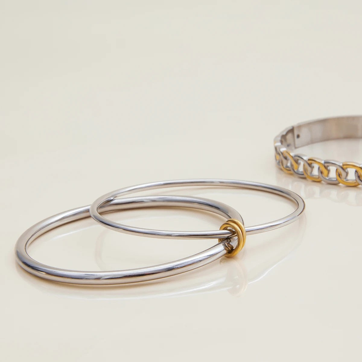 Two-Tone Link & Wave Bangle Set