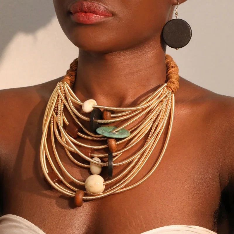 Layered Geometric Wood Necklace