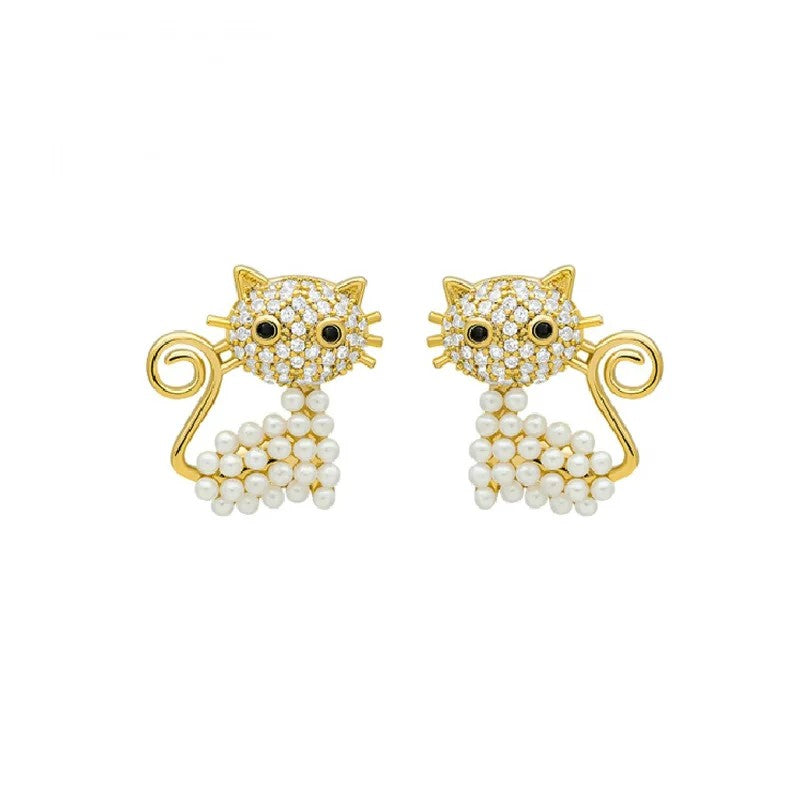 Rhinestone Cat Pearl Stud Earrings