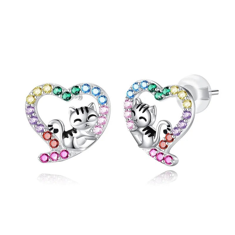 Multicolor Zircon Cat Heart Stud Earrings